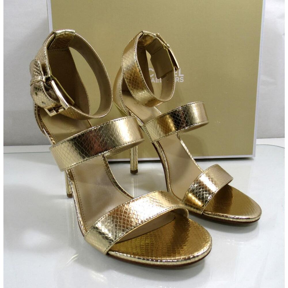 Michael Kors Amal Ankle Strap Sandal High Heel Metallic Leather Pale Gold Size 8 - Picture 5 of 9
